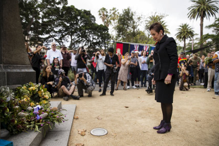  Lord mayor Clover Moore lays a wreath during the Coloured Diggers’ Commemoration Service held in Redfern Park on Anzac Day, April 25, 2018. 