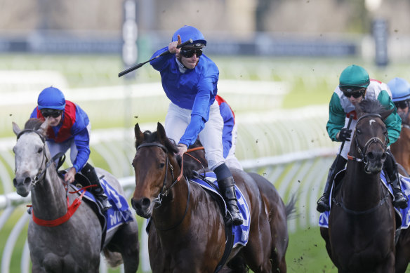 James McDonald celebrates as Anamoe wins the Winx Stakes at Randwick last month