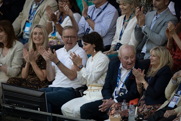 Prime Minister Anthony Albanese with his partner Jodie Haydon (left), then-Tennis Australia chair Jayne Hrdlicka (centre), and tennis great Rod Laver in January 2024.