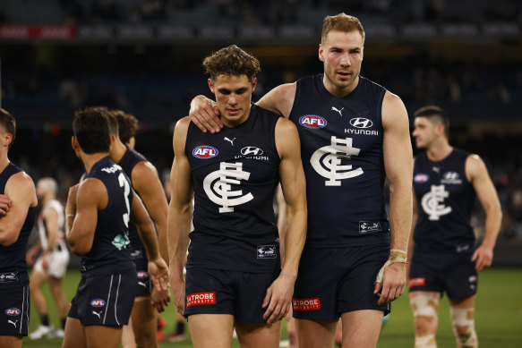 Harry McKay and Charlie Curnow walk off the field.