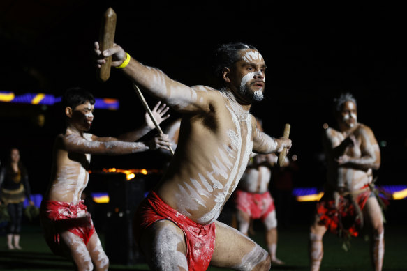 Indigenous dancers perform a war cry before a Storm game in round 12, 2022.