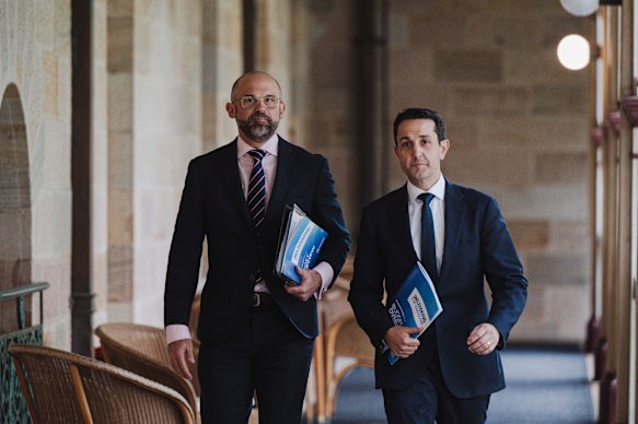 Treasurer David Janetzki and Premier David Crisafulli with the 2025-26 state budget papers.