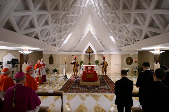 Pope Francis’s body is laid out inside his private chapel at the Vatican.