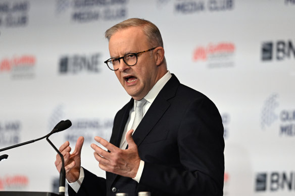 Prime Minister Anthony Albanese delivers a speech to the Queensland Media Club.