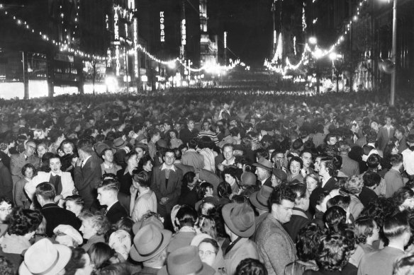 Crowds gather in Melbourne on June 2, 1953, to celebrate the coronation of Queen Elizabeth II.