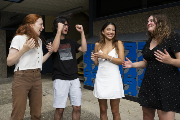 Pennant Hills High students Ozan Kocatepe, Hannah Pola, Alexandra Vega Segovia and Isabelle Imeson were relieved and excited when they received their results on Thursday.