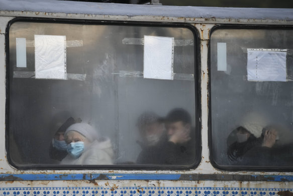 People travel in a tram in Sievierodonetsk, the Luhansk region, eastern Ukraine.