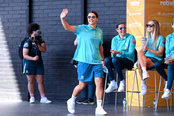 Sam Kerr, pictured at the Matildas’ fan day in Brisbane on Sunday, will be 33 at the next World Cup in 2027.