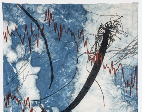 Judy Watson, detail of memory scar, grevillea, mangrove pod (& net), 2020, indigo, acrylic, graphite and linen thread on canvas. 