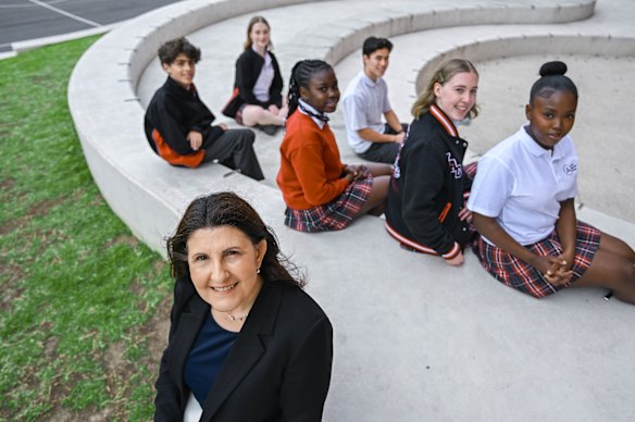 Mount Alexander College Principal Dani Angelico with (back left to right): Jai Russell, Amelia Kenny, Hana Mathew, Xavier Huang, Lucia Williams, and Marey Mathew.