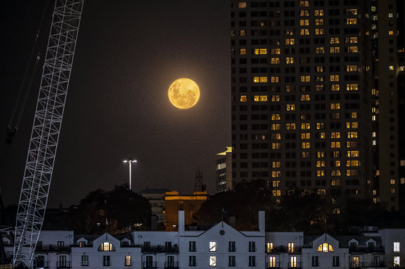 The supermoon rises over Sydney’s CBD.