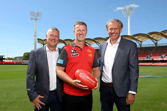 Gold Coast chief executive Mark Evans, coach Damien Hardwick and chairman Bob East.