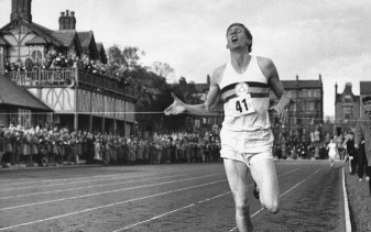 Roger Bannister breaks the four-minute barrier in the mile at Iffly Field in Oxford, England.