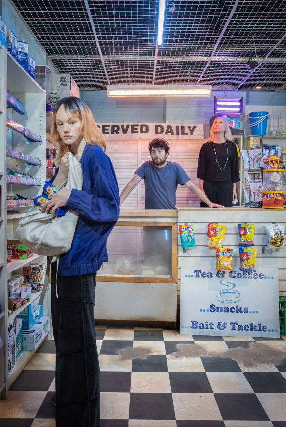 Emily Milledge, Jack Green and  Natasha Herbert in the convenience store set of Hour of the Wolf.
