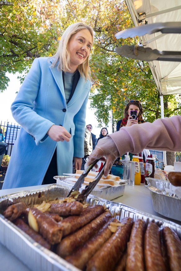 Kooyong Liberal candidate Amelia Hamer on Saturday after casting her vote at Balwyn Primary School.