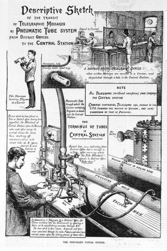 A descriptive sketch of Melbourne’s Pneumatic Tube System in 1892. 
