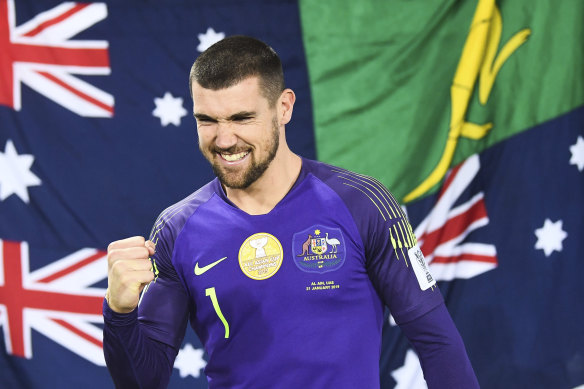 Winning feeling: Socceroos goalkeeper Mat Ryan celebrates after the victory over Uzbekistan.