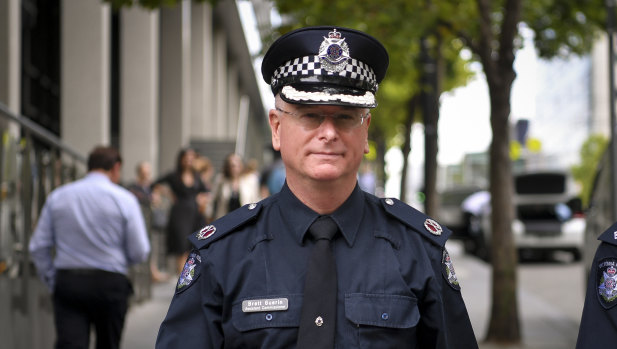 Assistant Commissioner Brett Guerin leaves Media House following interviews with 3AW and The Age.