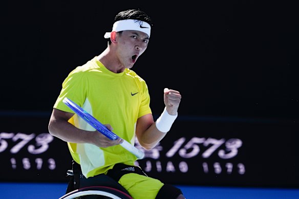 Tokito Oda reacts after winning a point.