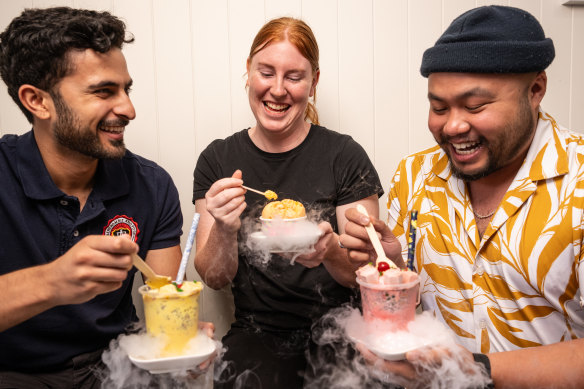 Dev Nanavati, Erin Giumelli and Joico Cabigting enjoying ice-cream at Icy Spicy.