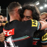 Jarome Luai celebrates the Panthers’ grand final win with Scott Sorensen.