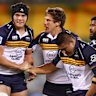 CANBERRA, AUSTRALIA - JUNE 07: Brumbies players celebrate after winning the Super Rugby Pacific Qualifying Final match between Brumbies and Hurricanes at GIO Stadium, on June 07, 2025, in Canberra, Australia. (Photo by Mark Nolan/Getty Images)