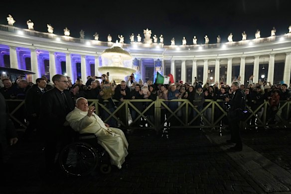 Pope Francis waves faithfuls after celebrating over New Year’s Eve Vespers and Te Deum, in St Peter’s Square at the Vatican.