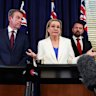 Sussan Ley explains the Liberals’ net zero backdown yesterday, flanked by Senator Anne Ruston (left), opposition energy spokesman Dan Tehan and Senator Jonno Duniam.
