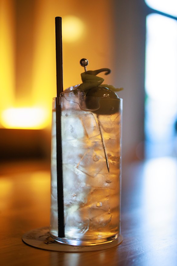 Dirty vermouth and tonic garnished with guindilla and green olive at Rocket Wine.