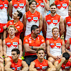 Coach Dean Cox and Isaac Heeney with members of the Sydney Swans AFL team in January 2026.