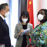 China’s Foreign Minister Wang Yi, left speaks with Kenya’s Foreign Affairs Cabinet Secretary Raychelle Omamo, after a press conference, at the Sarova Whitesands Hotel in, Mombasa, Kenya, on Thursday.