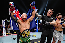 Alexander Volkanovski of Australia reacts after a victory against Movsar Evloev of Russia.