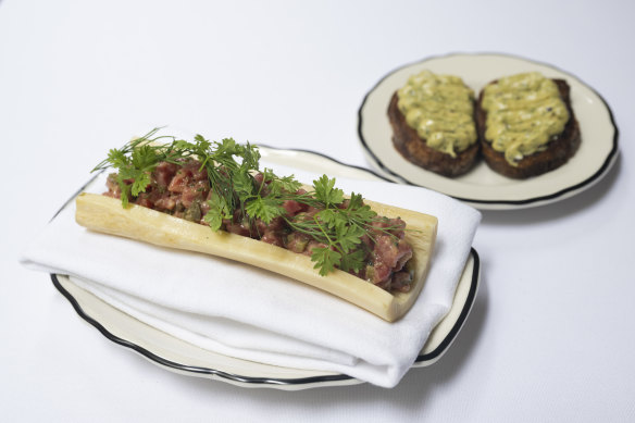 David Blackmore beef tartare with roasted bone marrow.