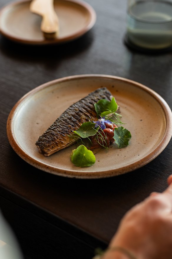 Mackerel, pink gooseberry and wasabi.