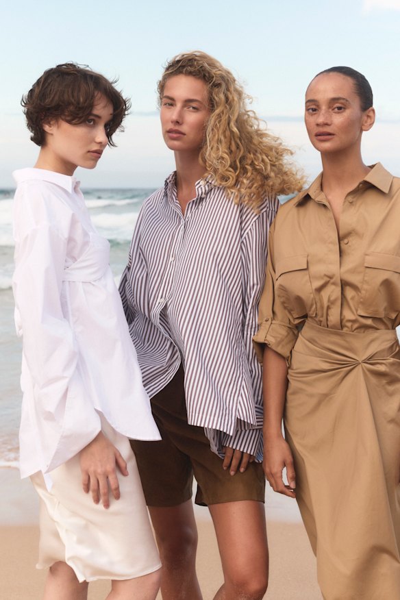 From left: Alma Ines bralette shirt and slip; Joseph shirt and leather shorts from Christensen Copenhagen; Max Mara shirt and skirt.