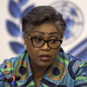 Prime Minister of the Democratic Republic of Congo Judith Suminwa talks to journalists during a press conference in Geneva.