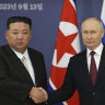 North Korea’s leader Kim Jong-un and Russian President Vladimir Putin shake hands in Russia last September.