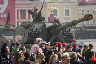 A Russian self-propelled artillery vehicle Msta-S rolls during a rehearsal for the Victory Day military parade.