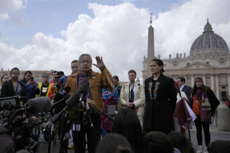 Gerald Antoine, centre, First Nations NWT regional chief, is flanked by Natan Obed, president of Inuit Tapiriit Kanatami delegation, left, and Cassidy Caron, president of the Metis community, in St Peter’s Square, the Vatican, after their meeting with Pope Francis.