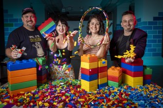Lego enthusiasts Andrew Elsbury, Fleur Watkins, the State Library’s Ellie Michaelides and Kale Frost.