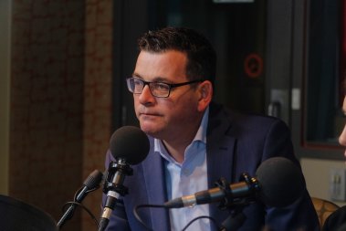 A dejected Premier Daniel Andrews, pictured in the ABC Melbourne studios on Sunday. 