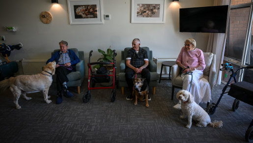 John Aucote, Paul Debar and Daphne Wilson with their dogs. 