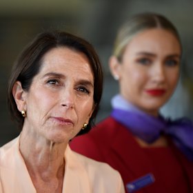 Virgin Australia CEO Jayne Hrdlicka during a visit to the airline’s Brisbane maintenance facility.