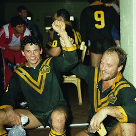 Playing days: Les Kiss and Wally Lewis after a Kangaroos Test match in 1987.