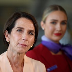 Virgin Australia CEO Jayne Hrdlicka during a visit to the airline’s Brisbane maintenance facility.