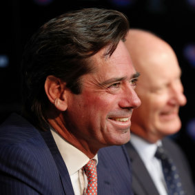 AFL boss Gillon McLachlan with commission chairman Richard Goyder after he announced he is vacating the CEO’s role.