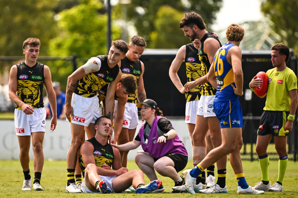 Sam Lalor in the hands of trainers after a heavy knock.