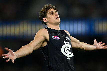 Charlie Curnow celebrates one of the three goals he kicked against GWS to clinch this year’s Coleman Medal.