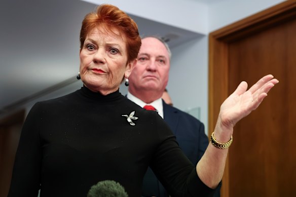 Senator Pauline Hanson and Barnaby Joyce in Parliament House on Wednesday.