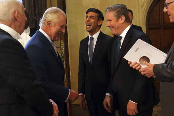 King Charles with then-prime minister Rishi Sunak and then-opposition leader Keir Starmer. 